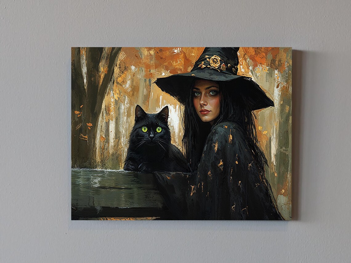 Dark Witch Black Hat Green Eyed Black Cat Autumn Forest Art Poster