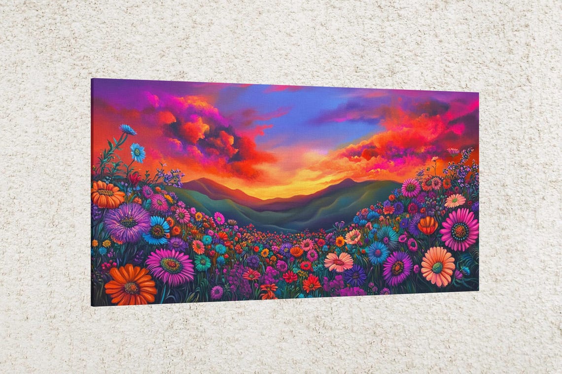 Rainbow Wildflower Meadow Dramatic Sunset Sky Colorful Art Poster - Image 2
