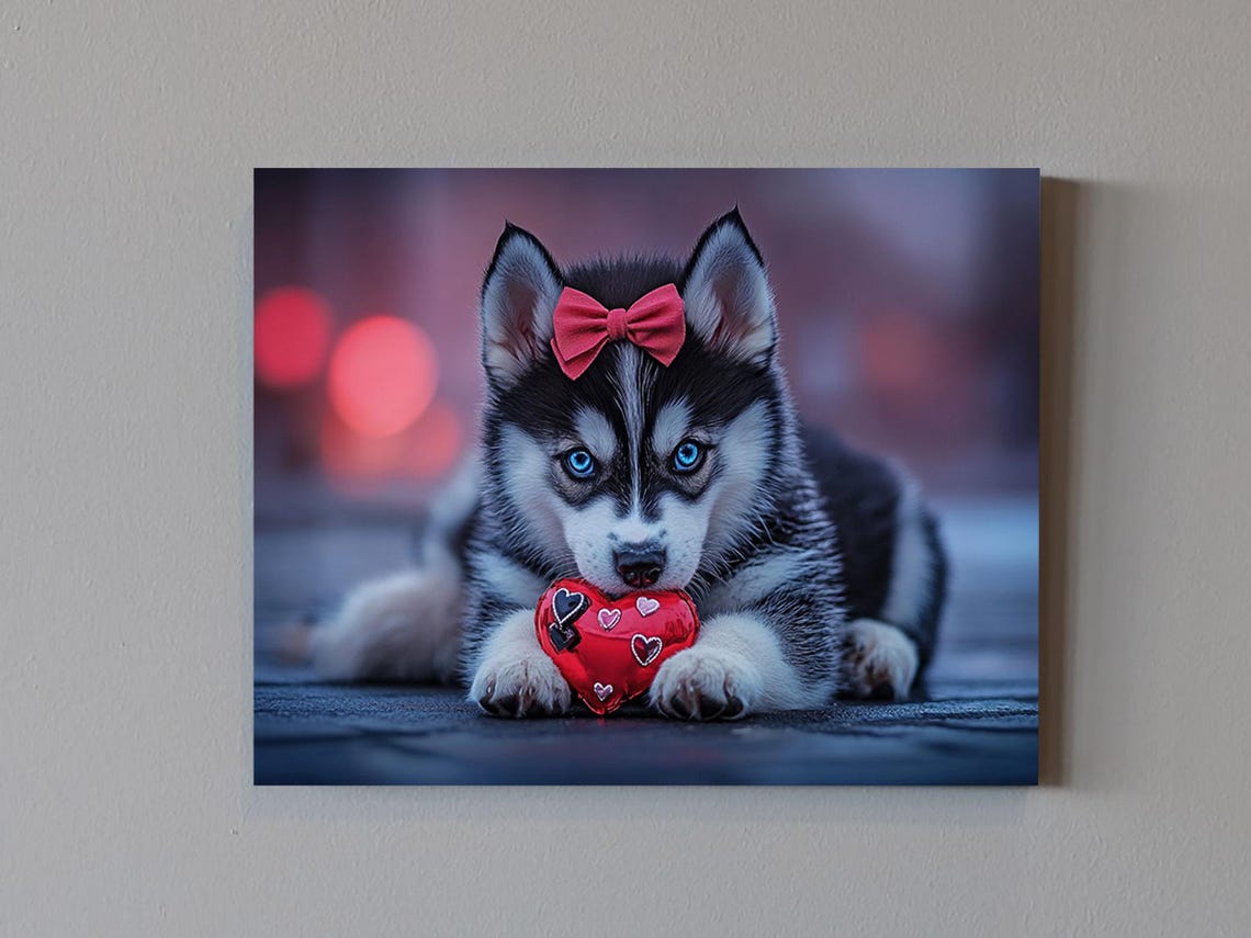 Husky Puppy Blue Eyes Red Bow Holding Heart Valentines Day Art Poster