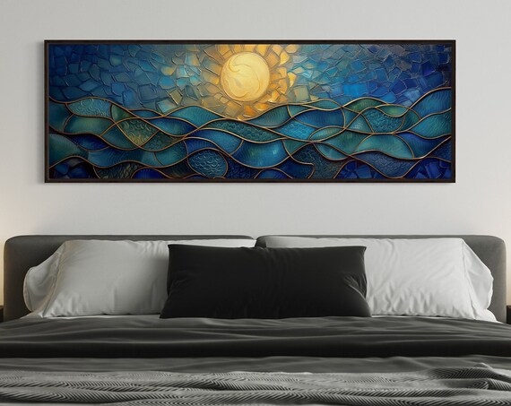 Stained Glass Ocean Waves Golden Sun Mosaic Panorama Wall Art