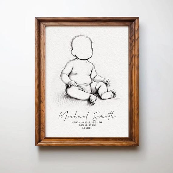 Personalized Baby Sketch Portrait, Minimalist Newborn Keepsake