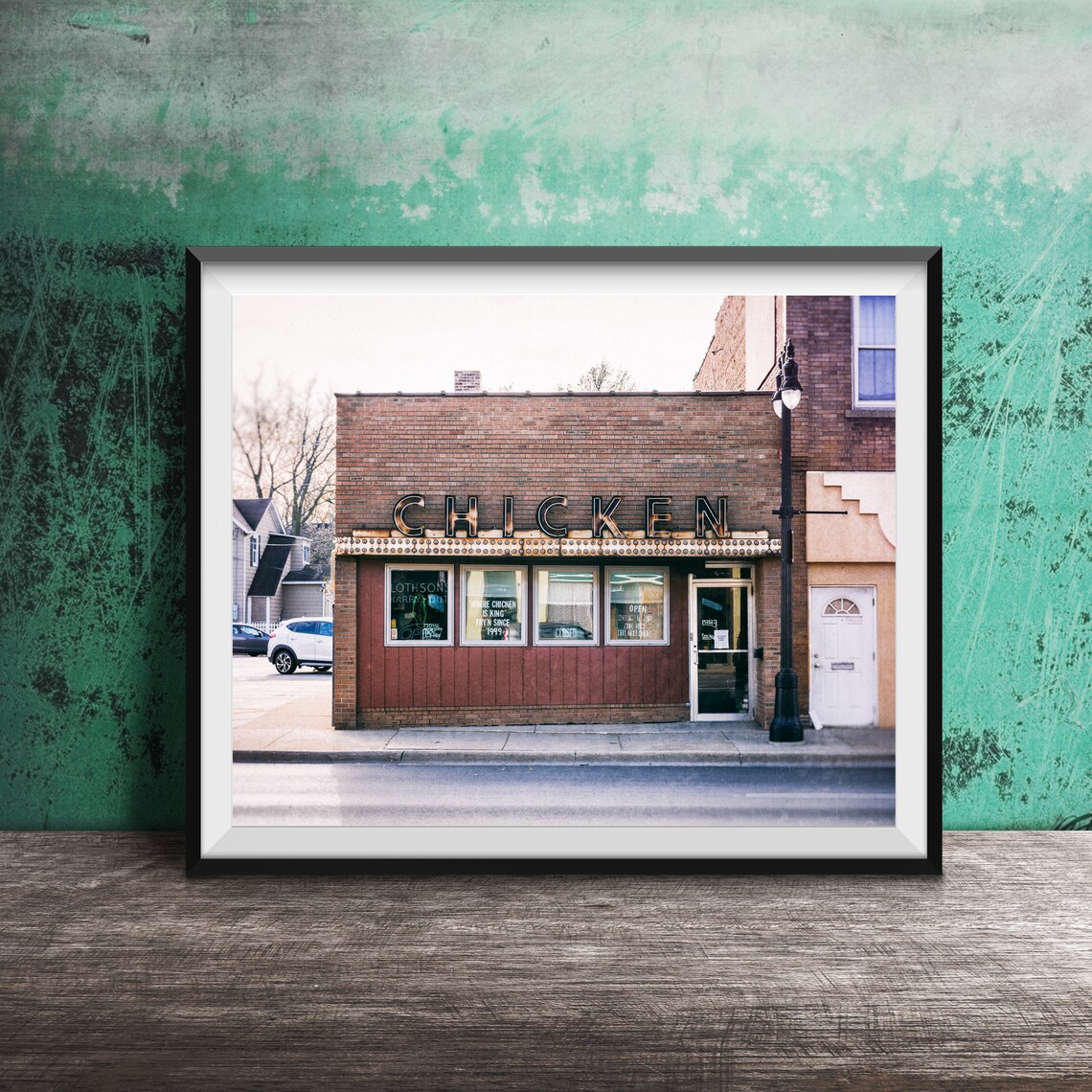 Vintage Chicken Restaurant Brick Storefront Sign Photography Poster