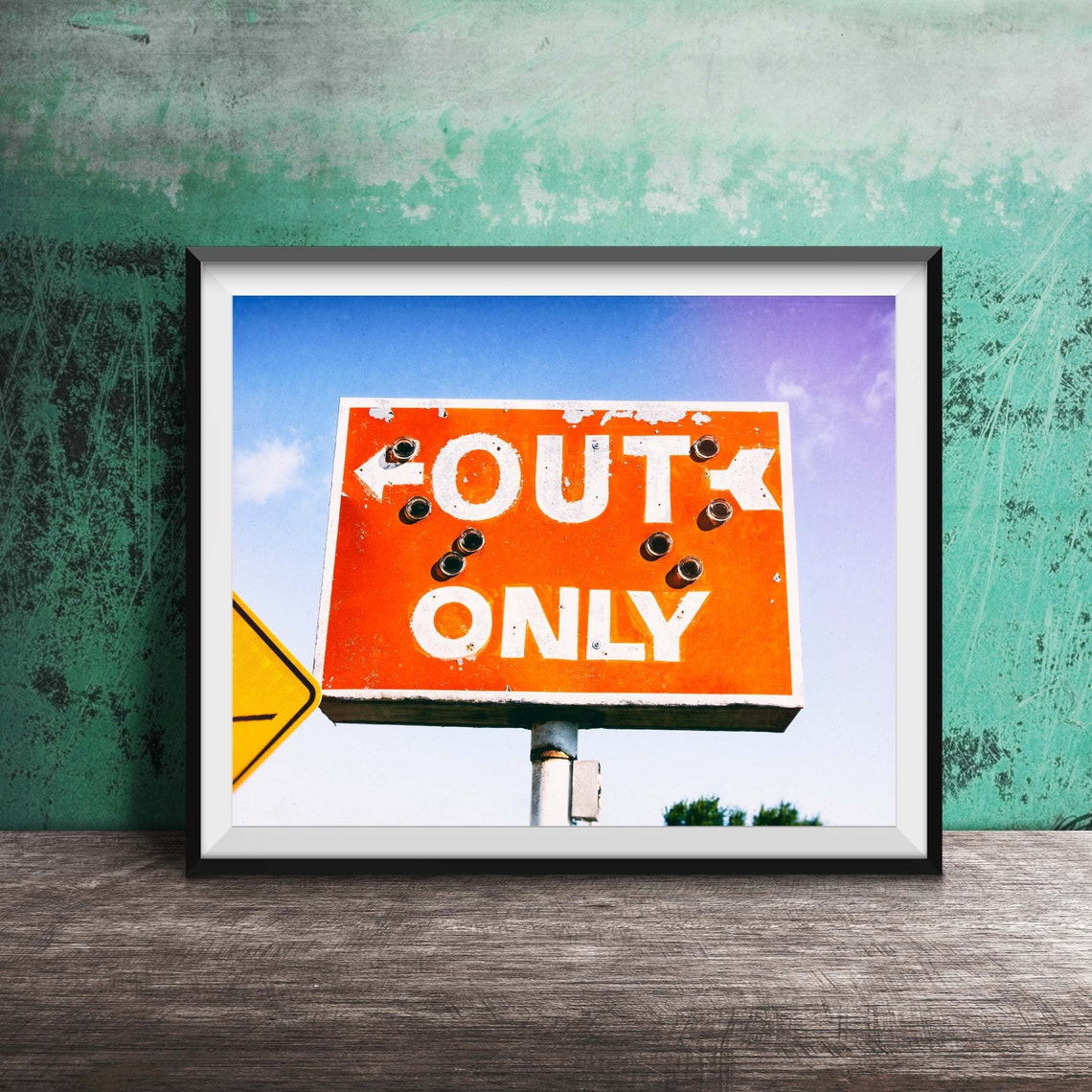 Out Only Orange Vintage Road Sign Weathered Sky Photo Poster