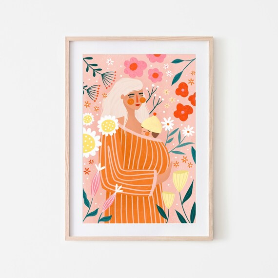 Mother And Baby In Orange Dress Spring Floral Motherhood Poster