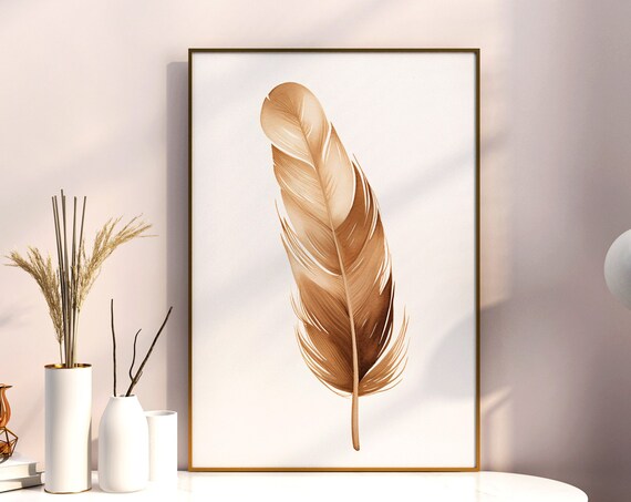 Golden Brown Feather Watercolor Elegant Botanical Art Poster
