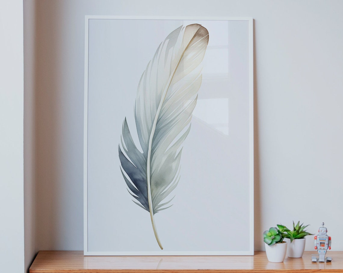 Watercolor Feather Soft Blue Gray Minimalist Elegant Art Poster - Image 5