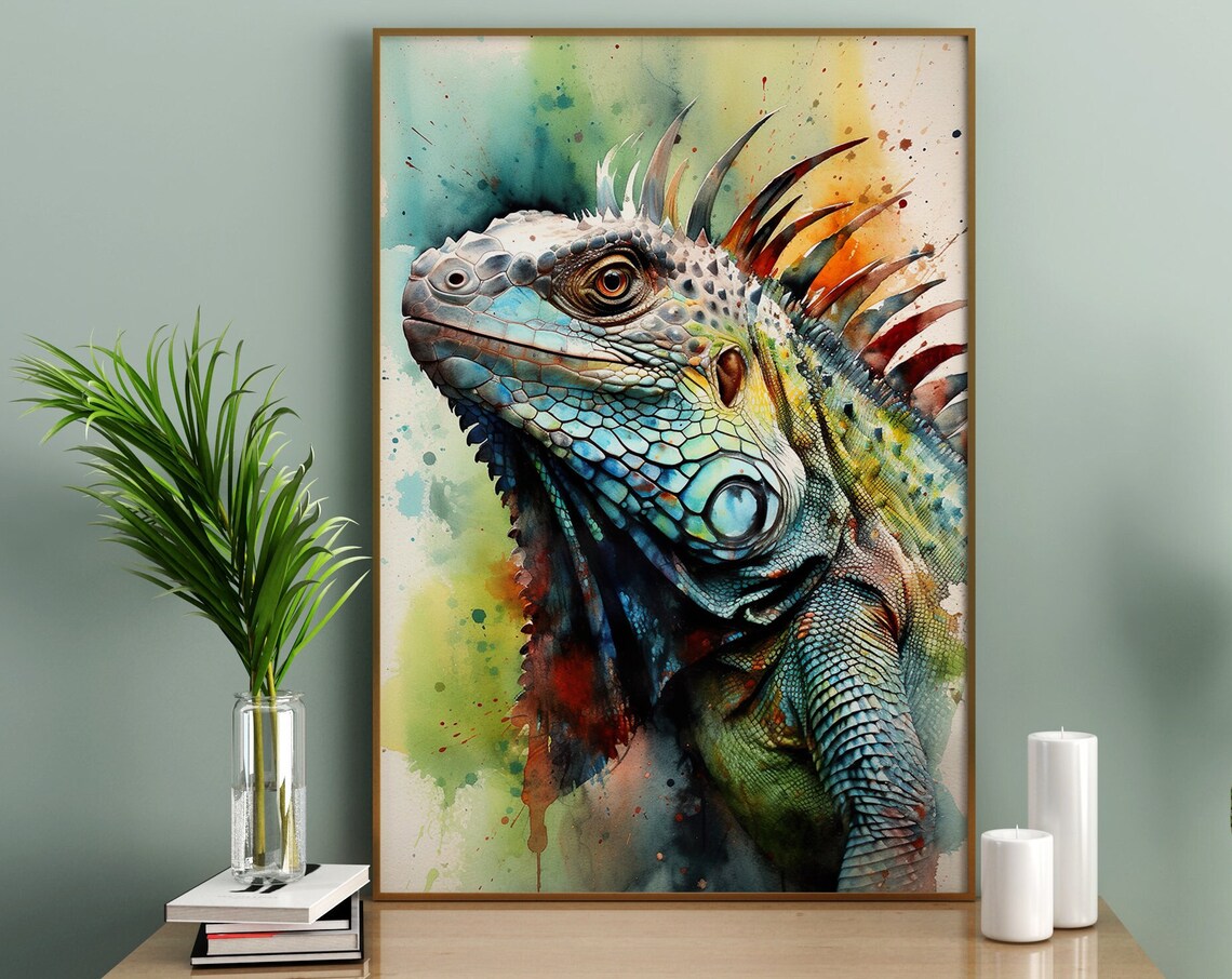 Iguana Watercolor Portrait Green Reptile Spiky Crest Art Poster