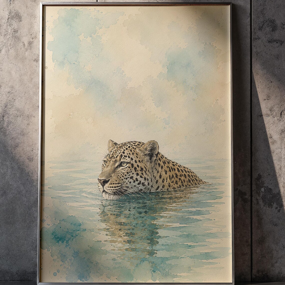 Leopard Swimming Watercolor Poster Blue Water Wildlife Minimal Art