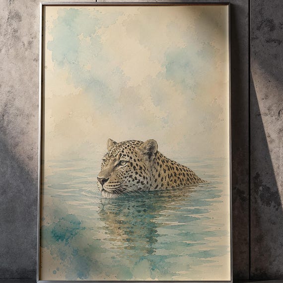 Leopard Wall Poster Blue Water Wildlife Art Print Minimal Animal Decor