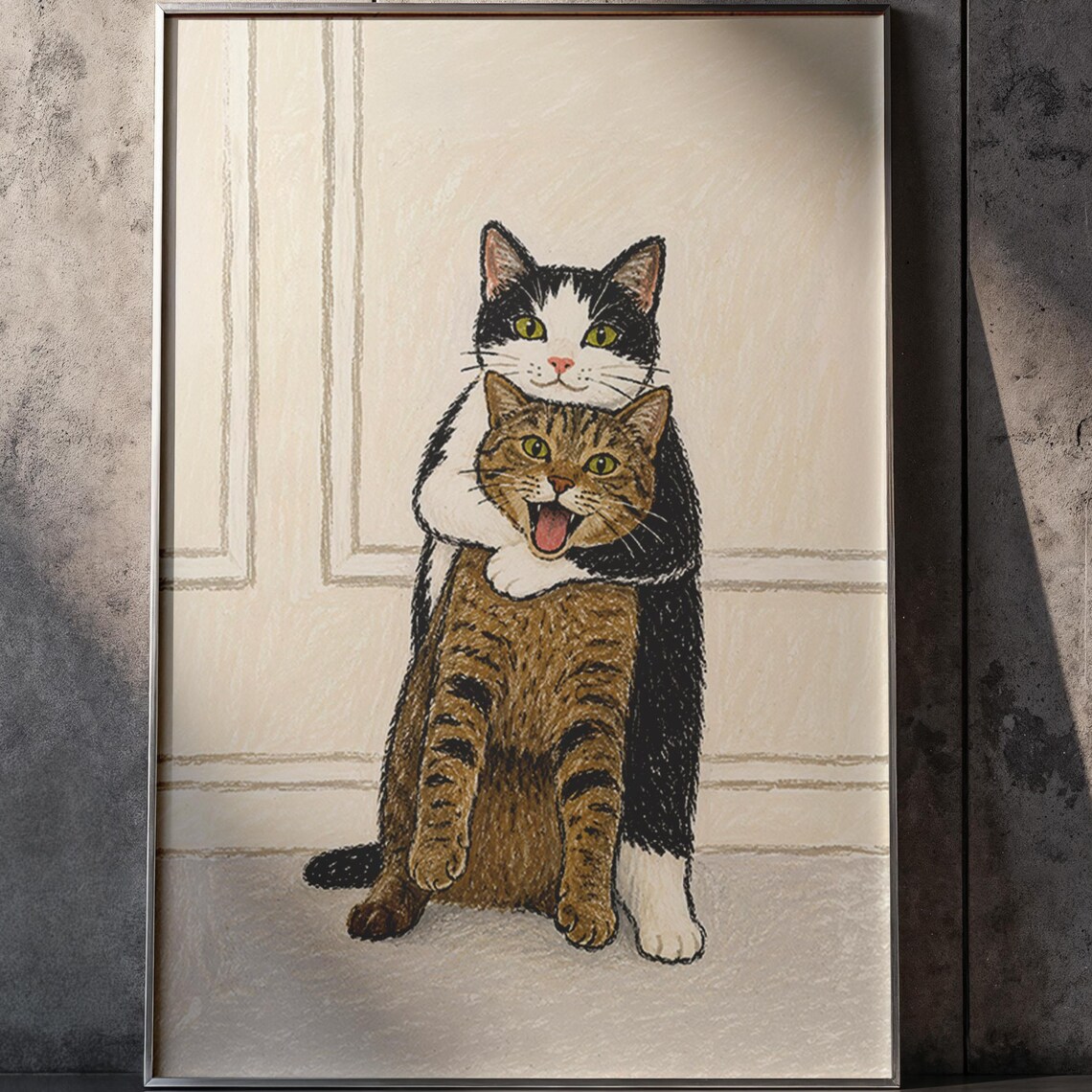 Two Funny Cats Hugging Whimsical Cat Hug Illustration Playful Pet Poster