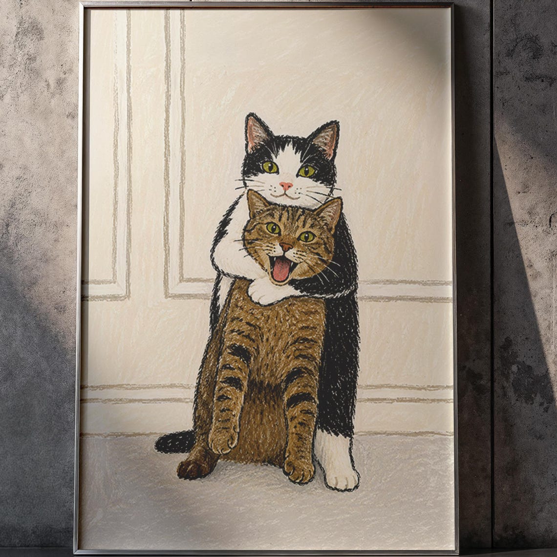 Two Funny Cats Wall Poster Whimsical Cat Hug Illustration Cozy Feline Art Print