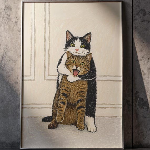 Two Funny Cats Wall Poster Whimsical Cat Hug Illustration Cozy Feline Art Print
