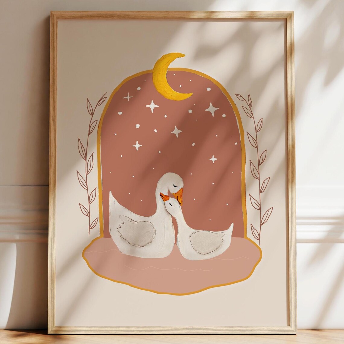 Goose Nursery Art Print, Moon Stars Whimsical Decor