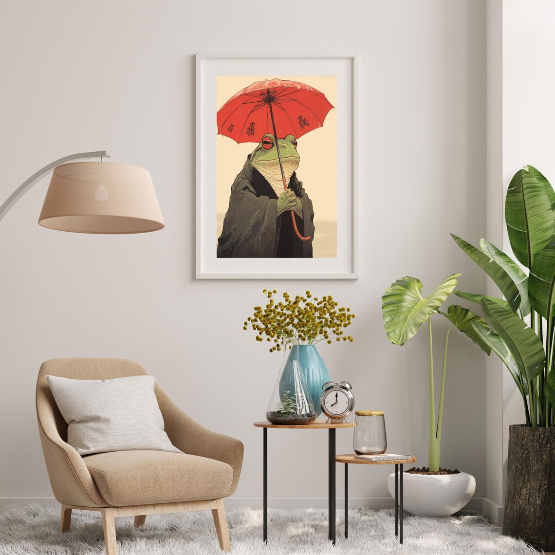 Japanese Frog in Kimono with Red Umbrella Woodblock Style Art Poster - Image 3