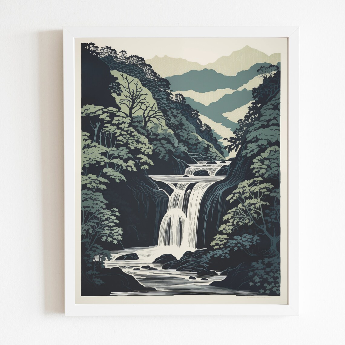 Japanese Woodblock Waterfall Poster, Tranquil Landscape - Image 3