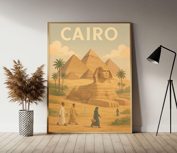 Cairo Pyramids and Sphinx Egypt Vintage Style Travel Poster Art