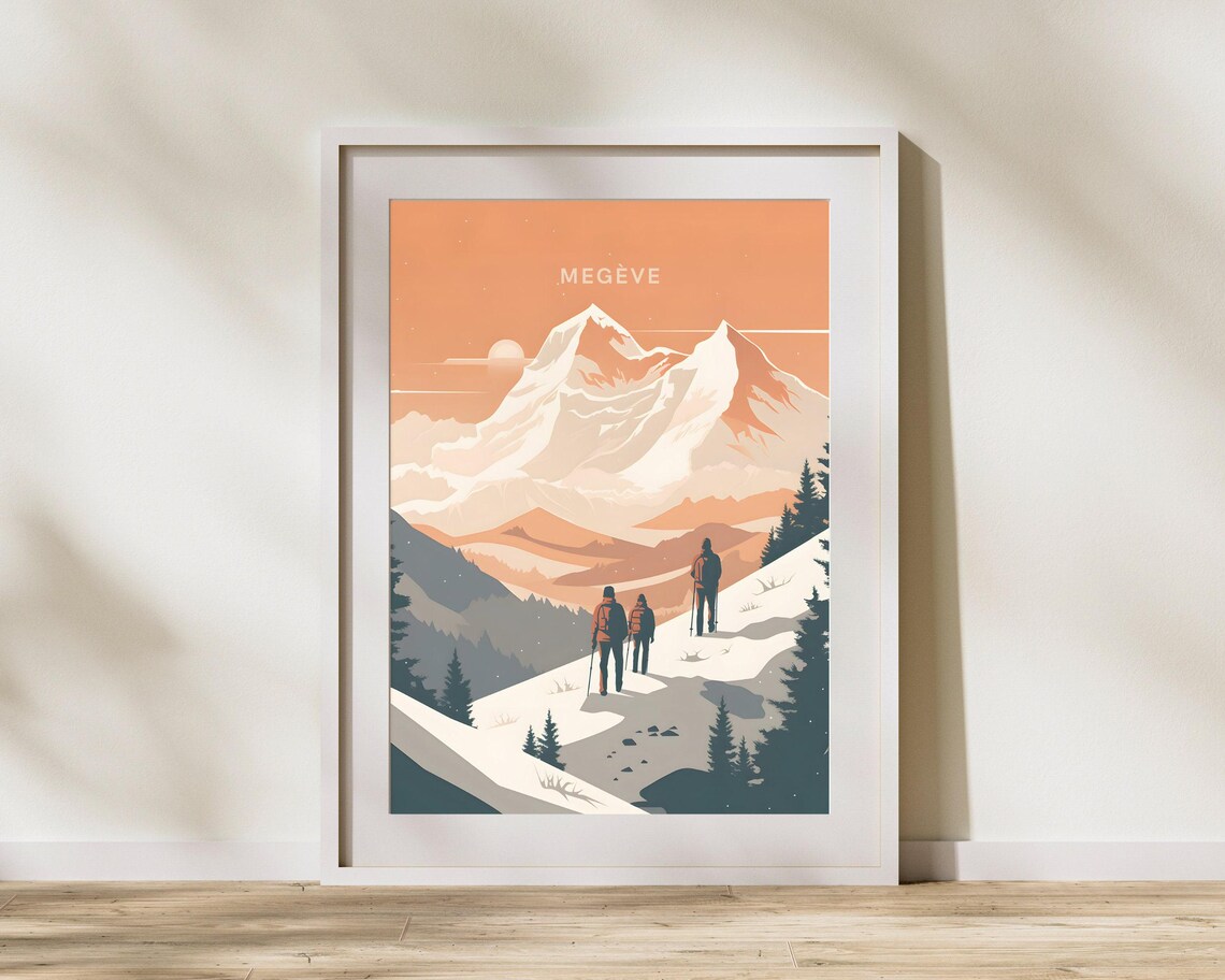 Megeve France Skiers Ascending Slope at Sunrise Peach Sky Poster