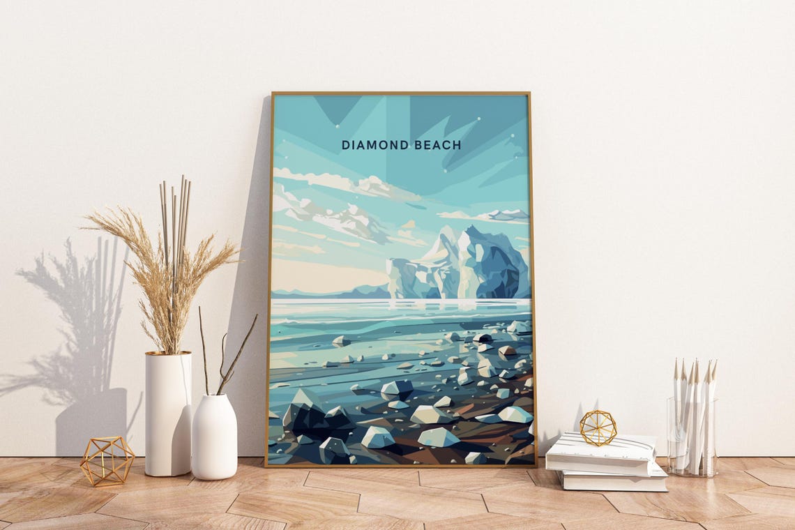 Diamond Beach Iceland Travel Poster Icebergs Teal Seascape Art