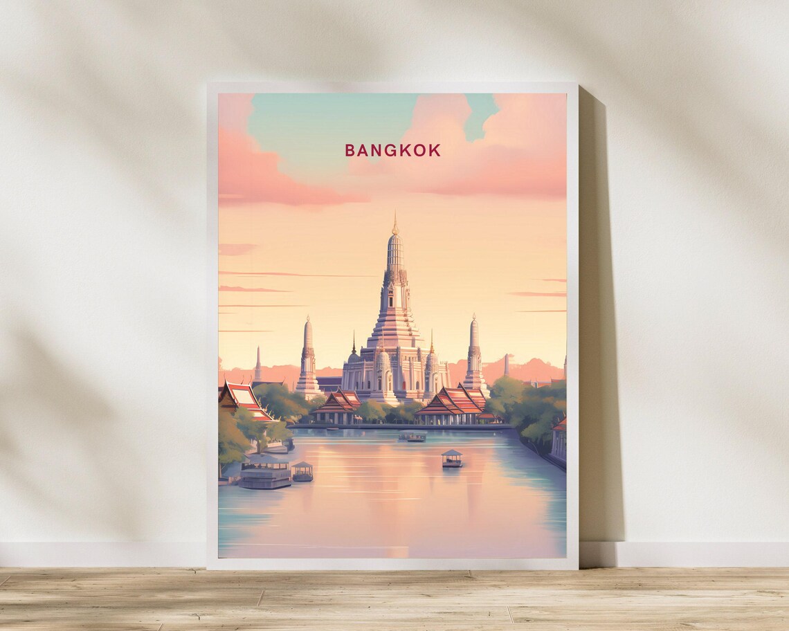 Bangkok Thailand Wat Arun River Sunset Illustration Travel Poster