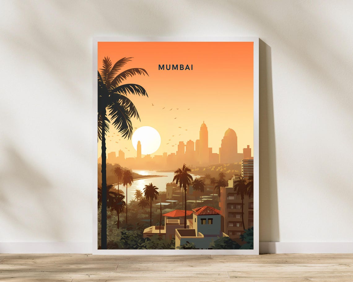 Mumbai India Sunset Skyline Palm Trees City View Travel Poster