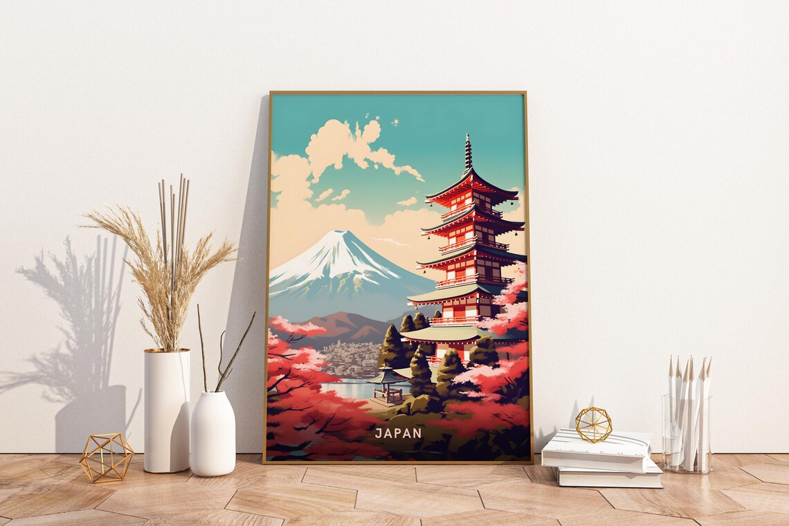 Japan Mount Fuji and Red Pagoda Cherry Blossom Travel Poster