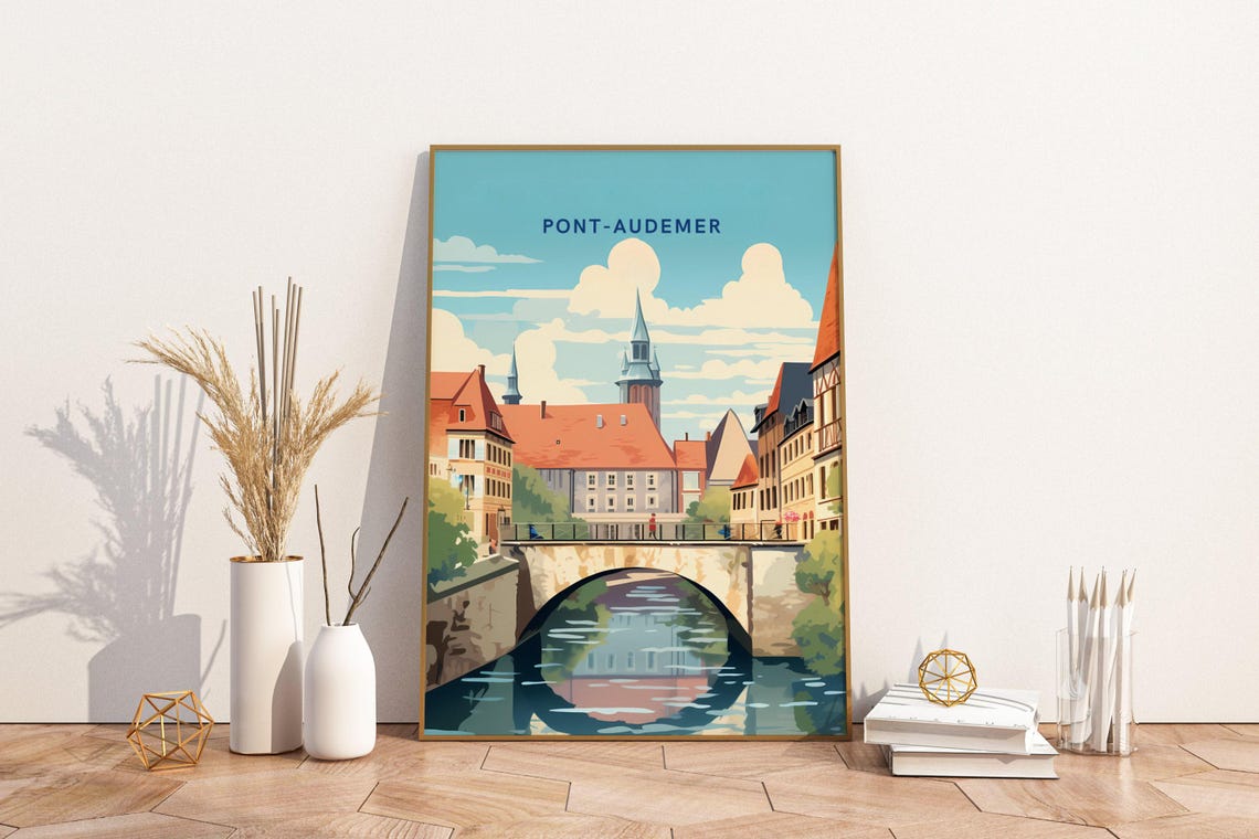 Pont-Audemer France Travel Poster with Stone Bridge and River View