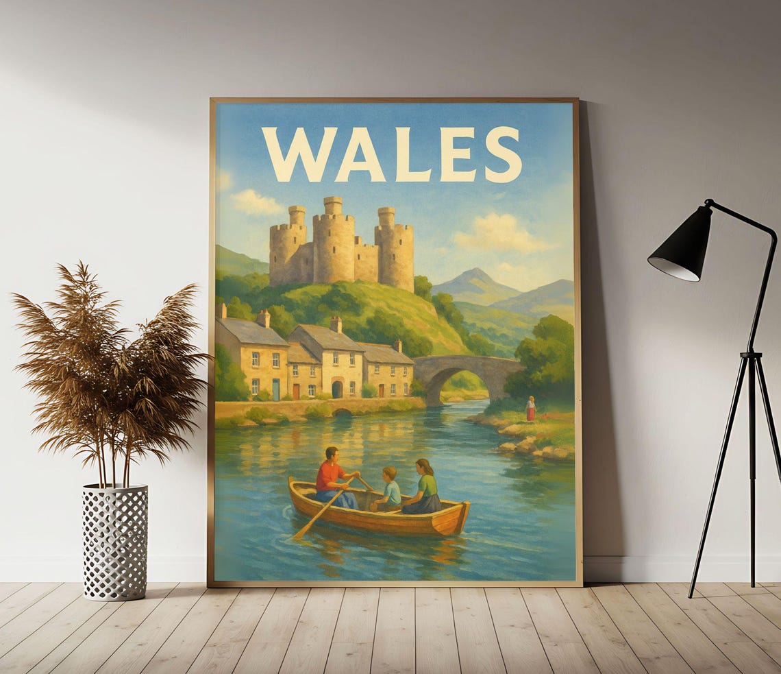 Wales Riverside Castle Village Storybook Vintage Travel Poster