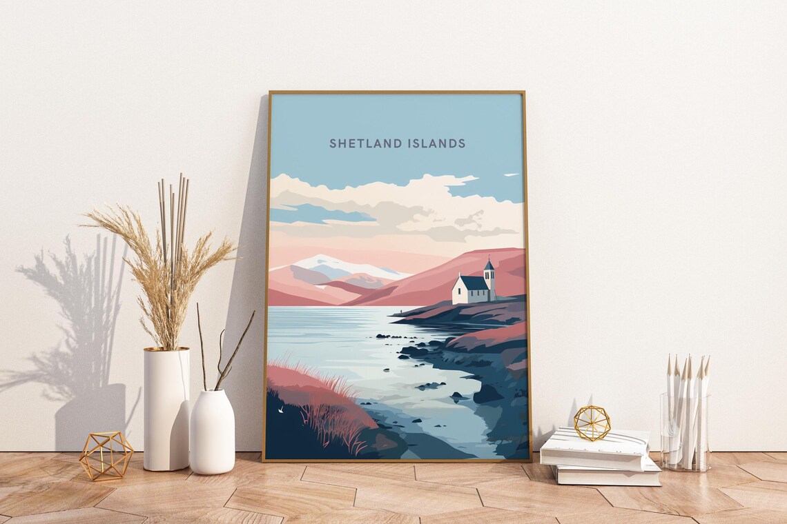 Shetland Islands Scotland Pastel Coastline Church Travel Poster