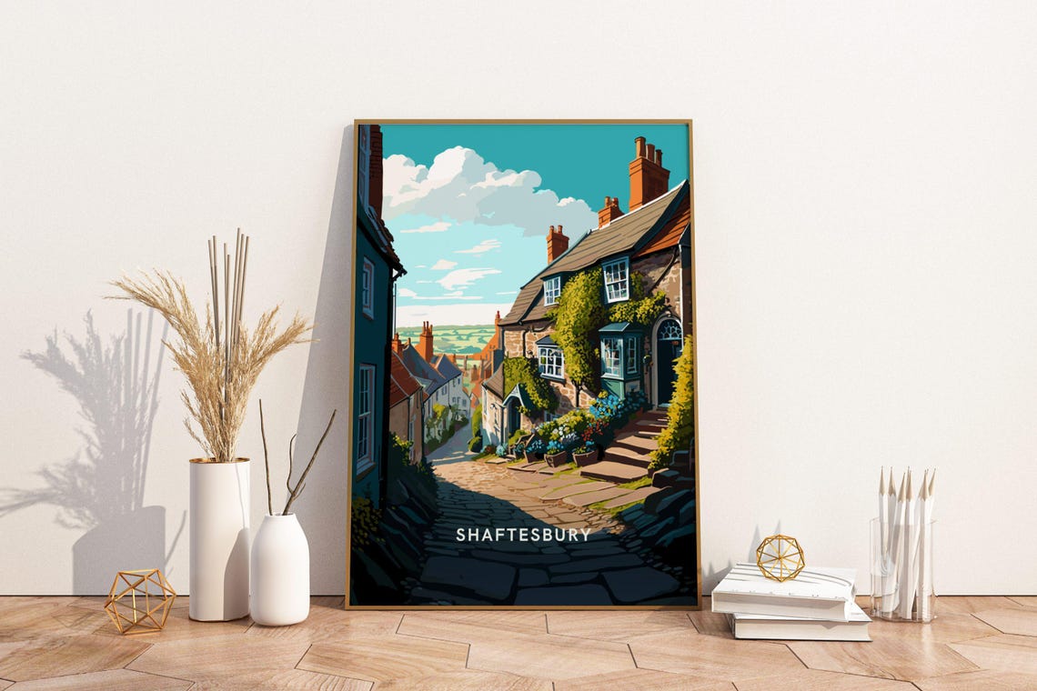 Shaftesbury England Cobbled Hill Street Cottages Illustration Poster