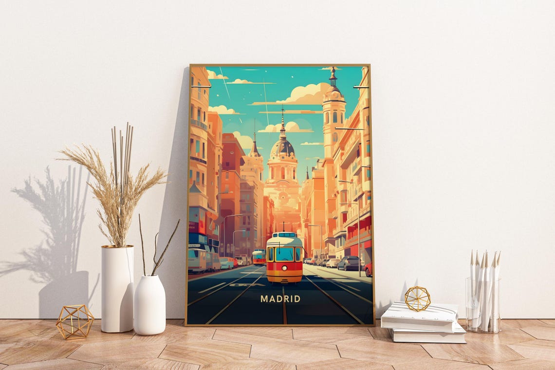 Madrid Spain Sunlit Boulevard Tram Historic Street Art Poster