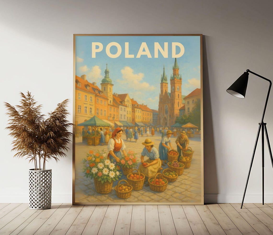 Poland Old Town Flower Market Baskets Historic Square Vintage Poster