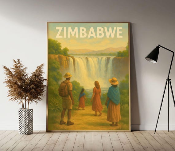 Zimbabwe Victoria Falls Travel Poster African Waterfall Wall Art Print Vintage Decor