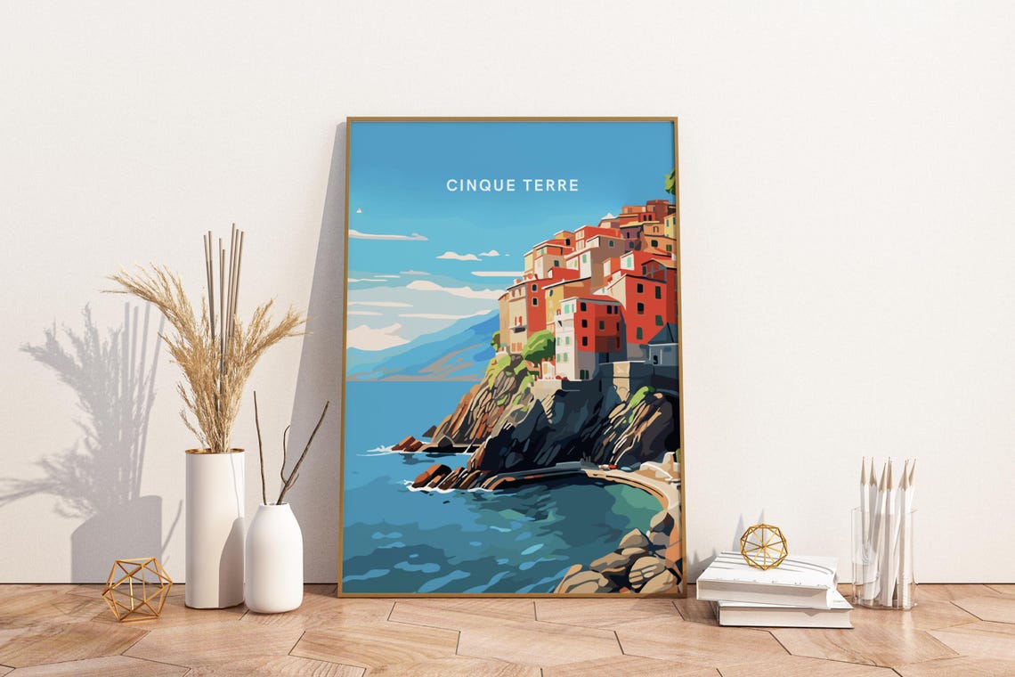 Cinque Terre Italy Vintage Travel Poster With Cliffside Village