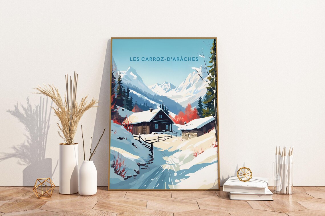 Les Carroz d'Araches Snowy Alpine Chalet Village Scene Poster
