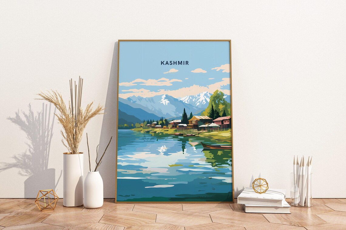 Kashmir India Himalayan Lake Houseboats Vintage Style Travel Poster