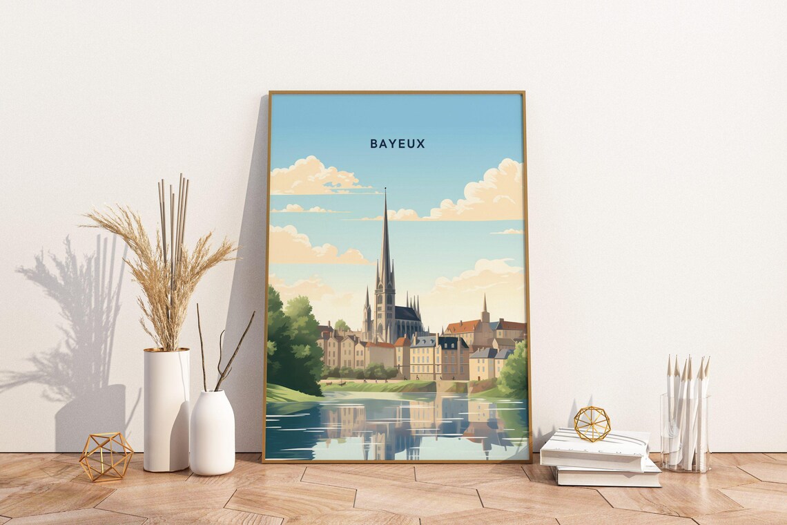 Bayeux Cathedral Riverside Normandy France Vintage Travel Poster