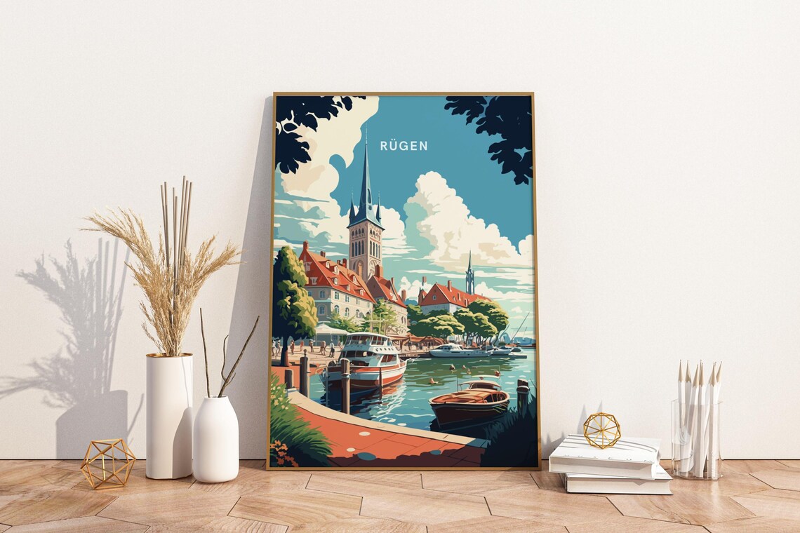 Rugen Harbor Town With Church Tower Vintage Travel Art Print Germany