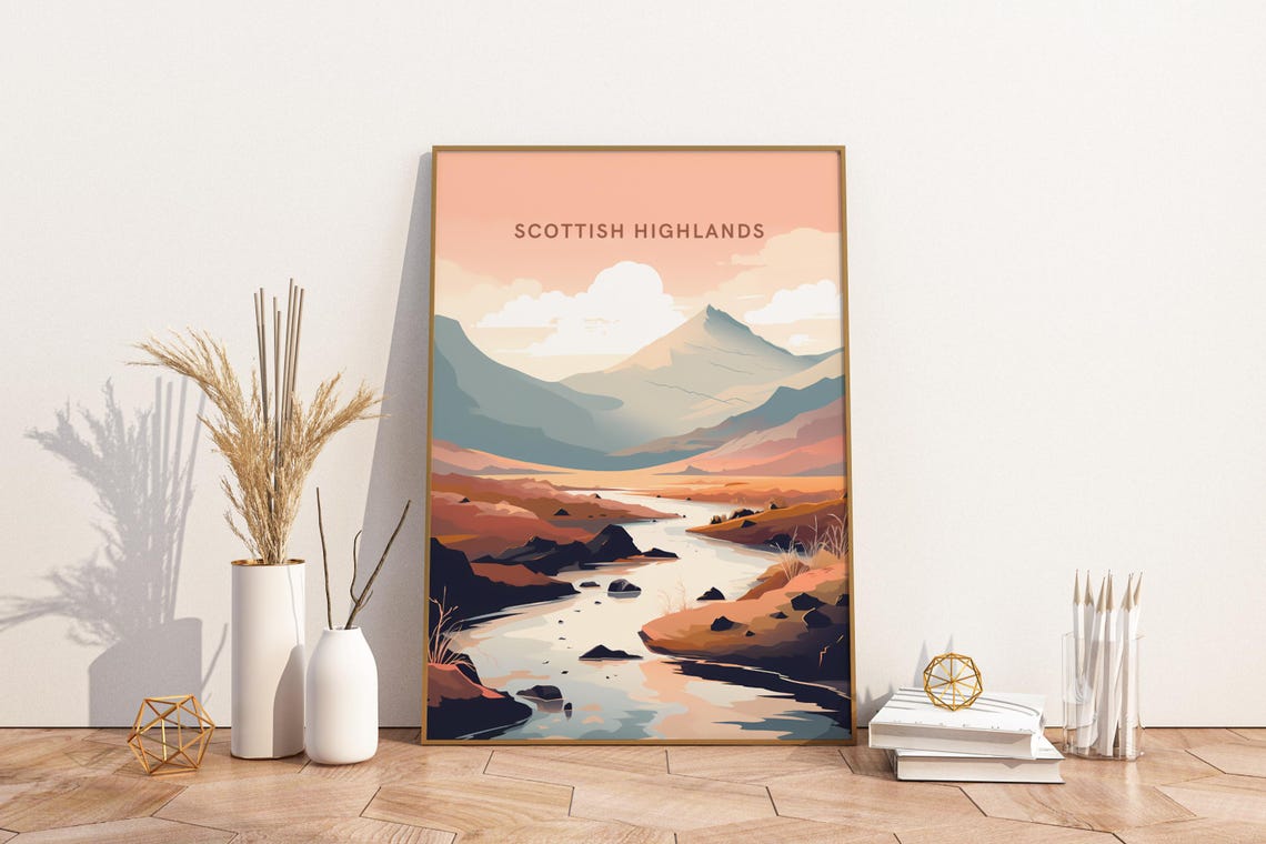 Scottish Highlands Misty Mountain River Sunset Landscape Travel Poster