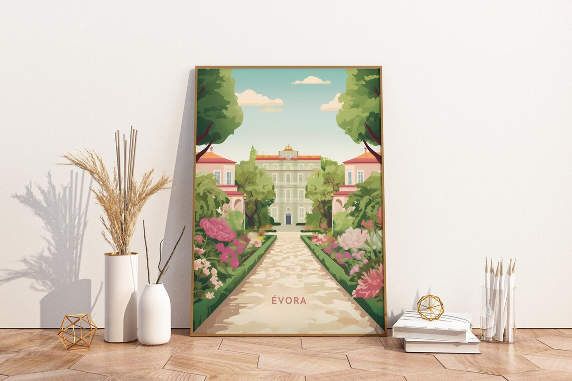 Evora Portugal Vintage Flower Garden Pathway View Travel Art Poster