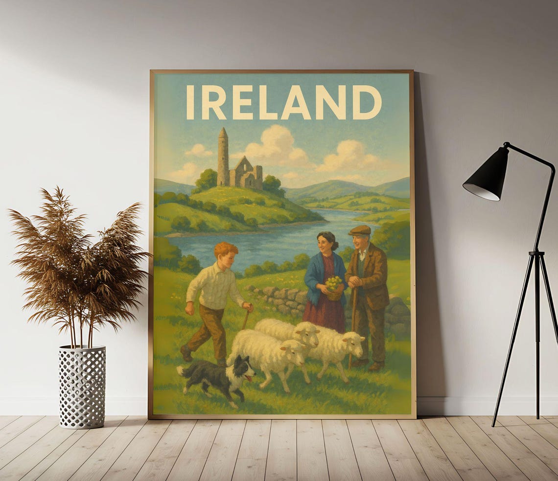 Ireland Emerald Isle Vintage Travel Poster with Shepherd Scene