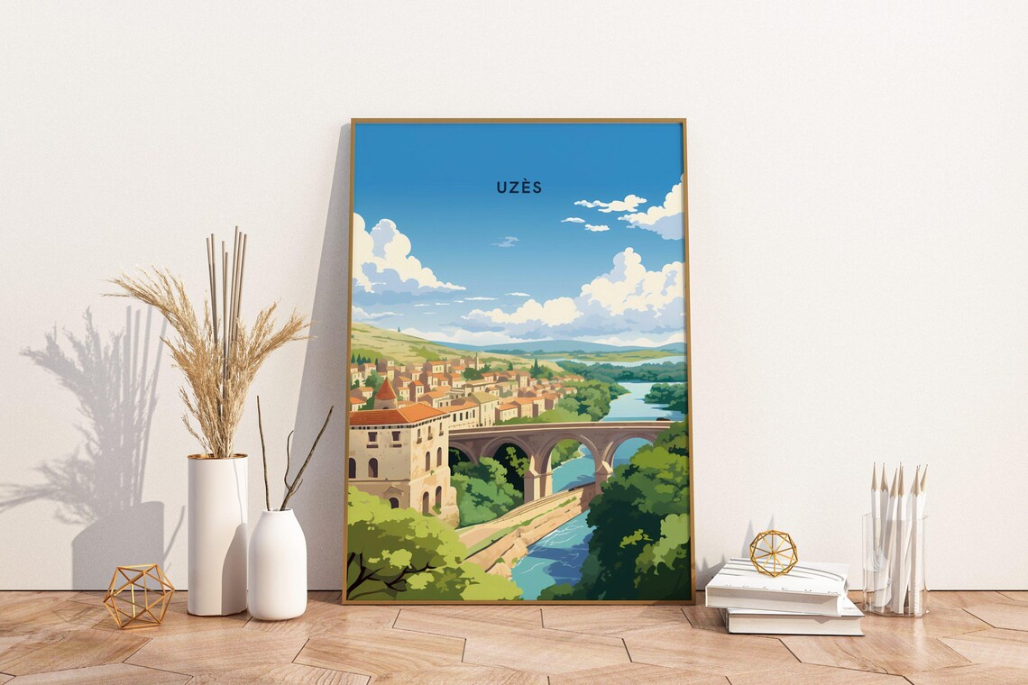 Uzès France Vintage Travel Scene With Roman Stone Aqueduct Poster