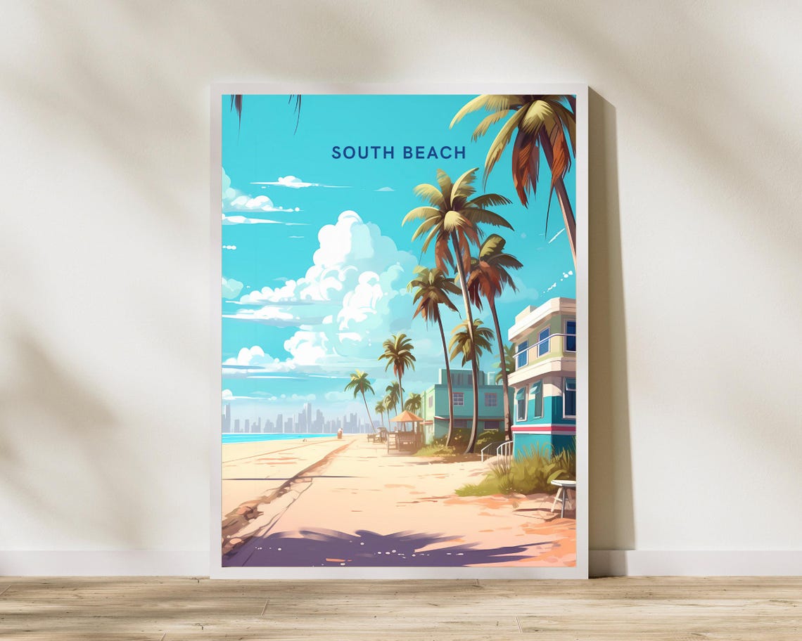 South Beach Miami Travel Poster Palm Trees Art Deco Beach Daytime
