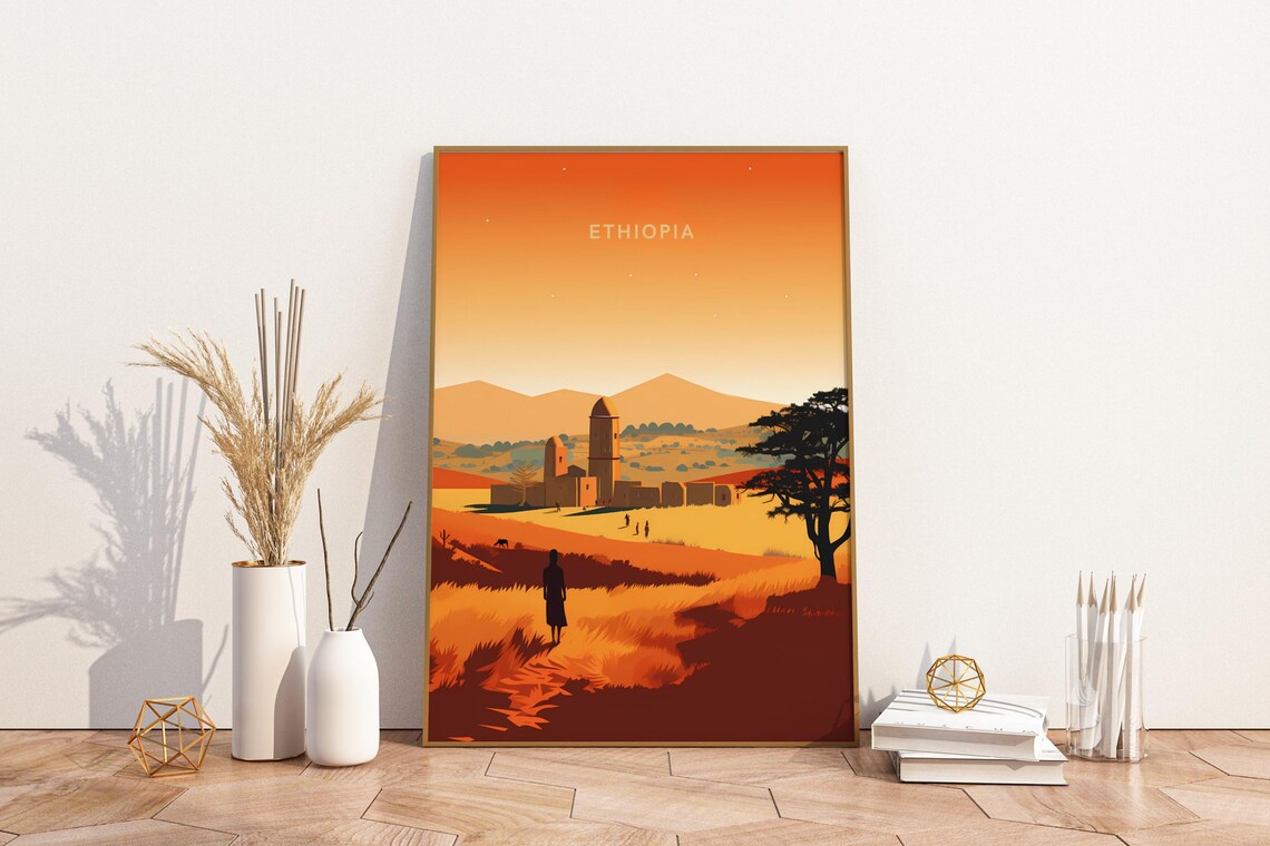 Ethiopia Golden Savanna Sunset Rock Church Landscape Travel Poster