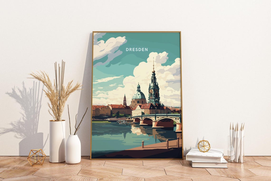 Dresden Germany Vintage Skyline Cathedral Riverside Travel Poster