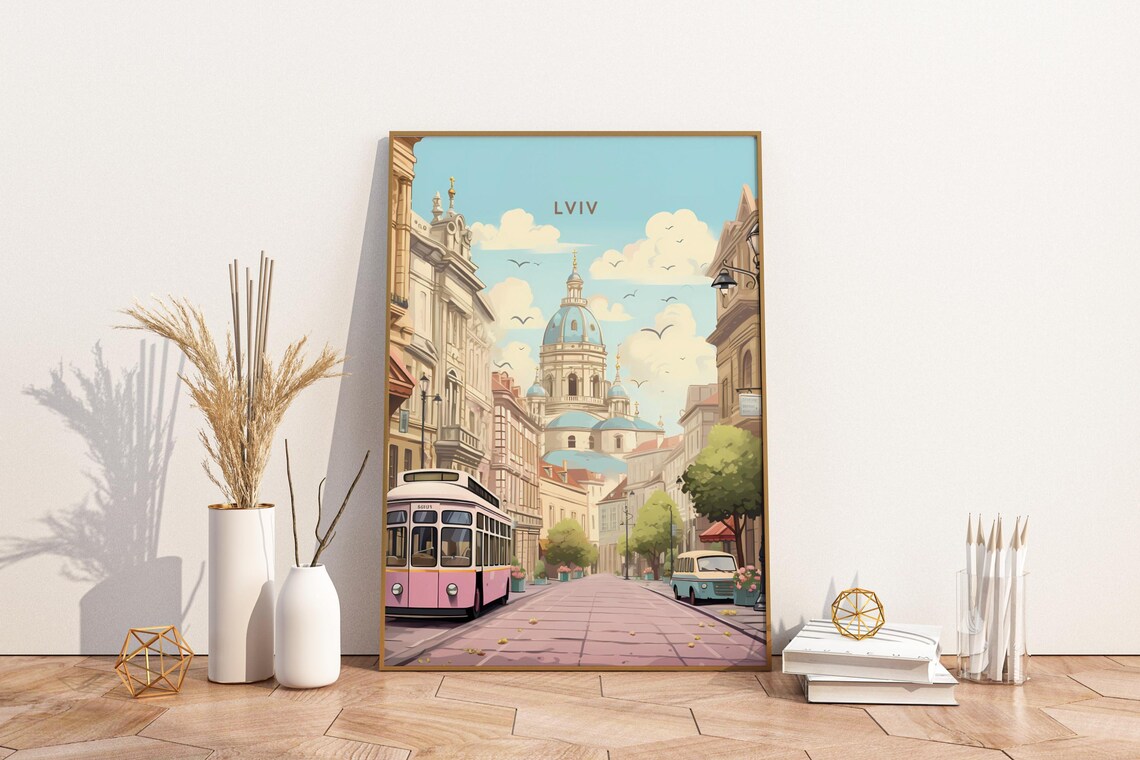Lviv Ukraine Travel Poster with Pink Tram and Blue Domed Church