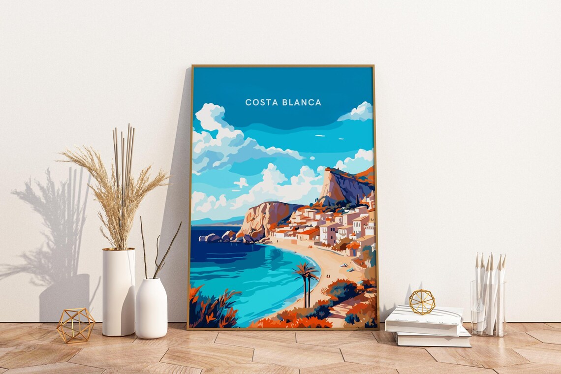 Costa Blanca Spain Turquoise Beach Cove Vintage Travel Poster