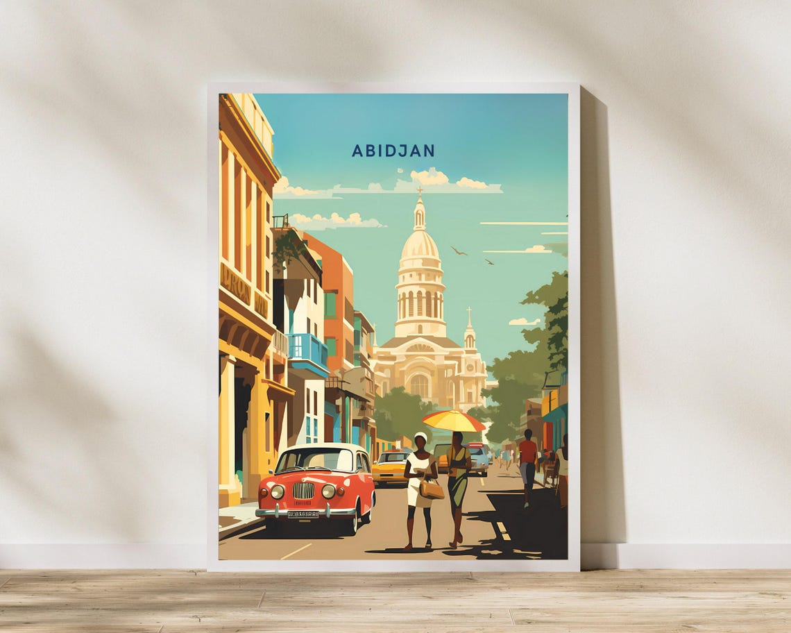 Abidjan Ivory Coast Street Scene Cathedral Vintage Travel Poster