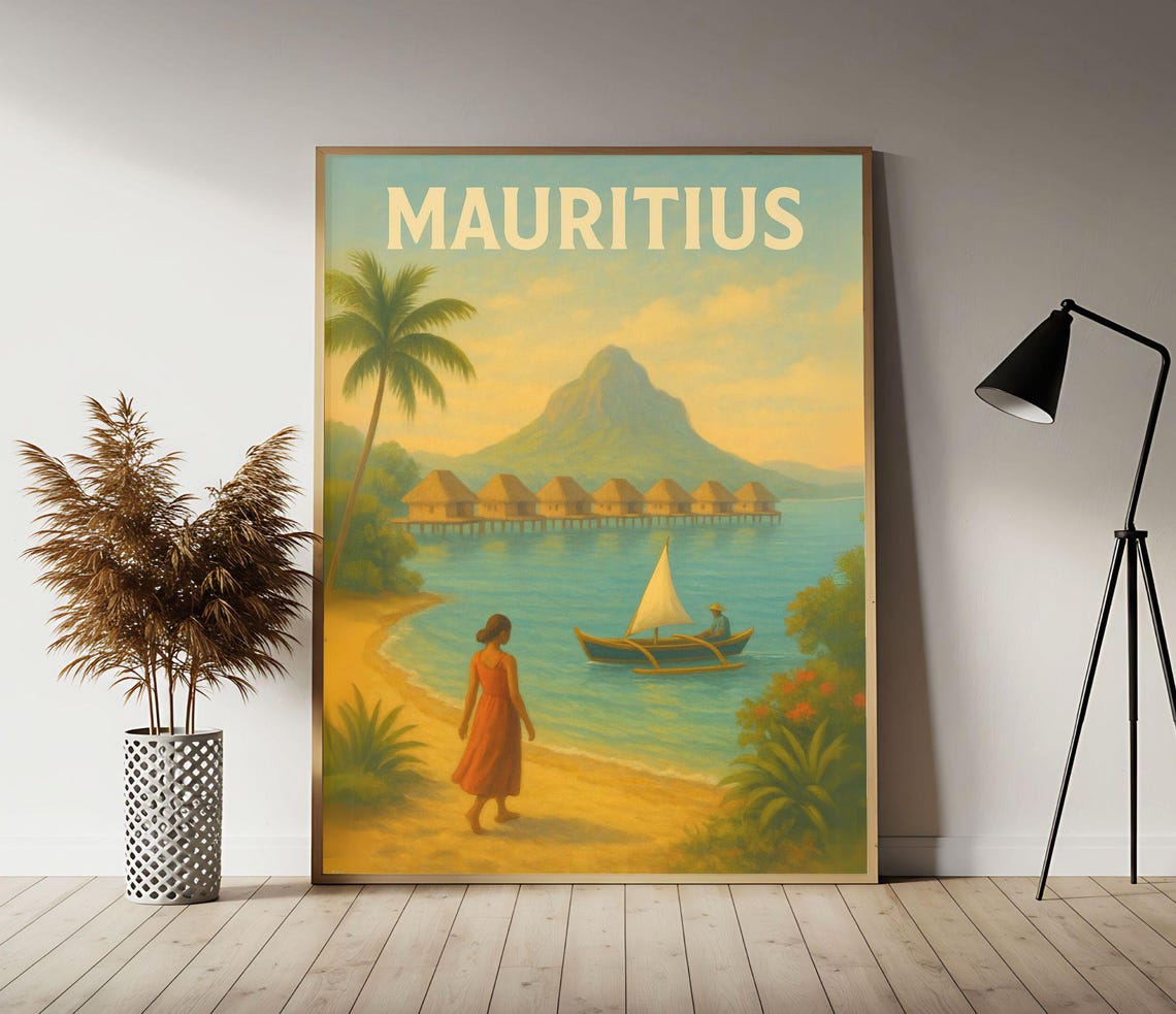 Mauritius Island Beach Bungalows Mountain Sunset Vintage Poster