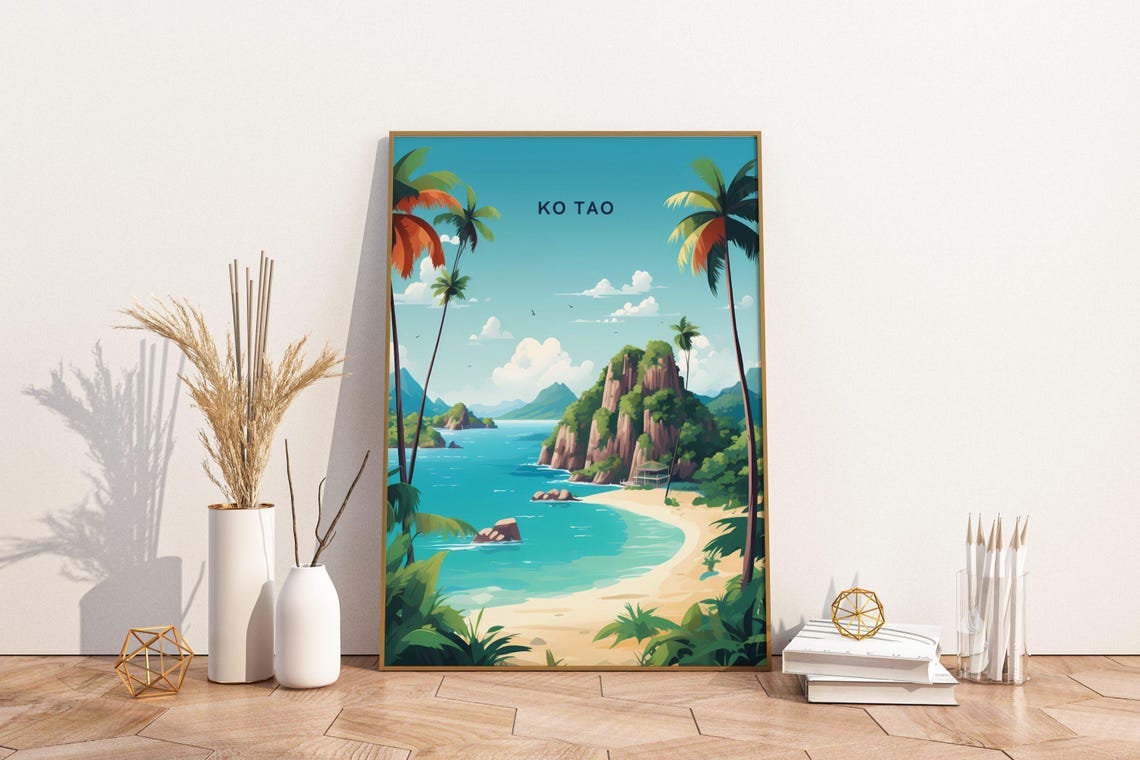 Ko Tao Thailand Tropical Beach Cliffs Vintage Style Travel Art Poster