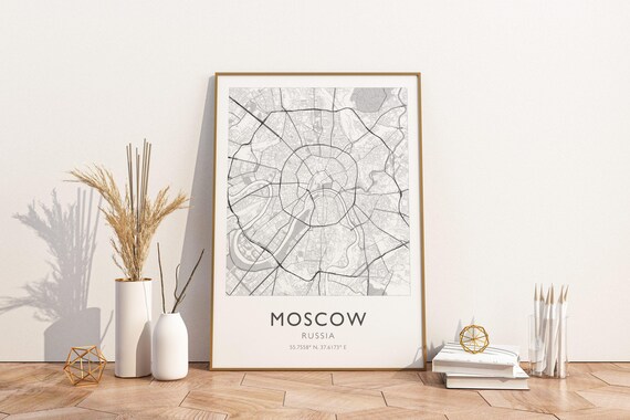 Moscow Russia Minimalist Black and White Street Map Line Art Poster